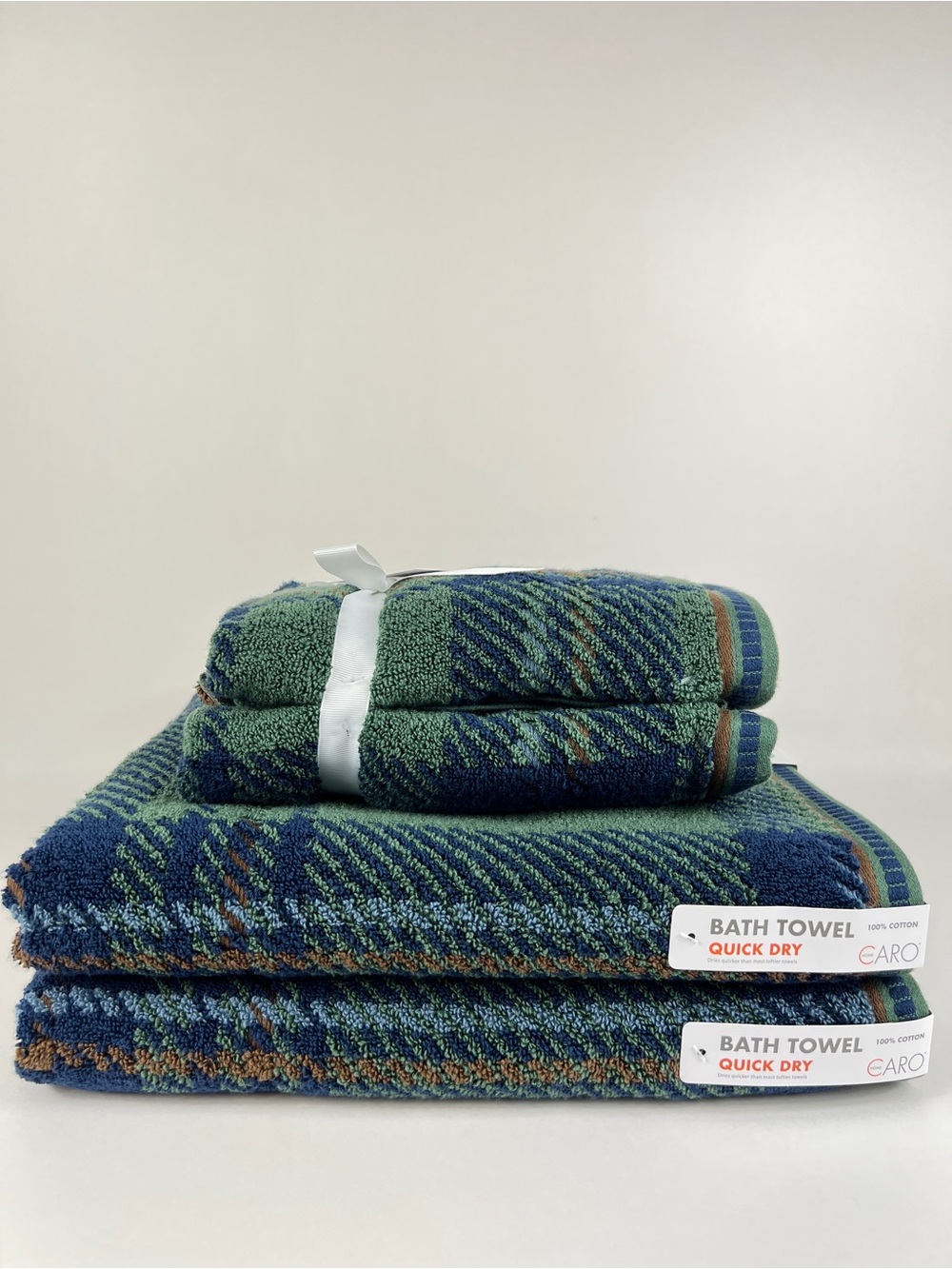 Caro Home Bath Towels Green Navy  Rust Plaid Quick Dry Soft Cotton 4 Pc NEW